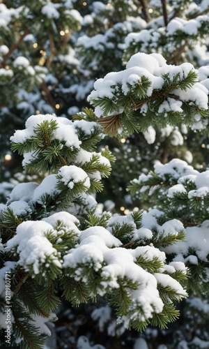 Close-up of Christmas tree branches covered in snow, branches, winter, frosty
