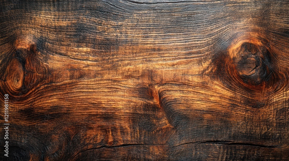 Naklejka premium Close-up view of a rustic wooden surface showcasing rich textures and warm tones, ideal for backgrounds