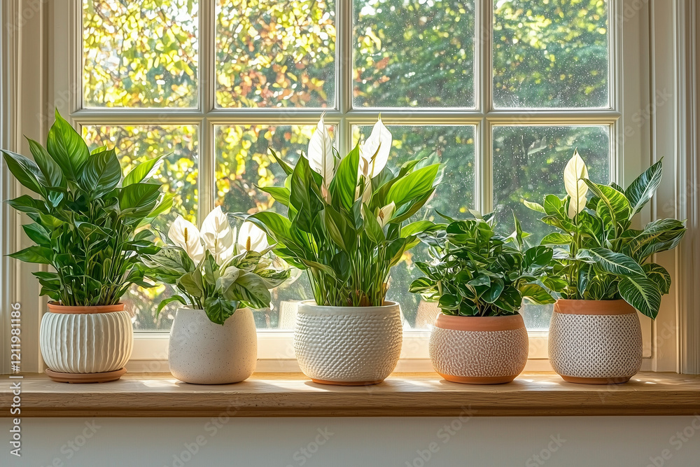 A bright and lively windowsill filled with air-purifying plants, such as spider plants, peace lilies, and snake plants, placed in stylish pots. The plants absorb pollutants while enhancing the home en A bright and lively windowsill filled with air-purifying plants, such as spider plants, peace lilies, and snake plants, placed in stylish pots. The plants absorb pollutants while enhancing the home en