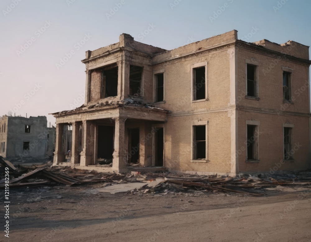 Abandoned, dilapidated buildings under a bright blue sky Abandoned, dilapidated buildings under a bright blue sky