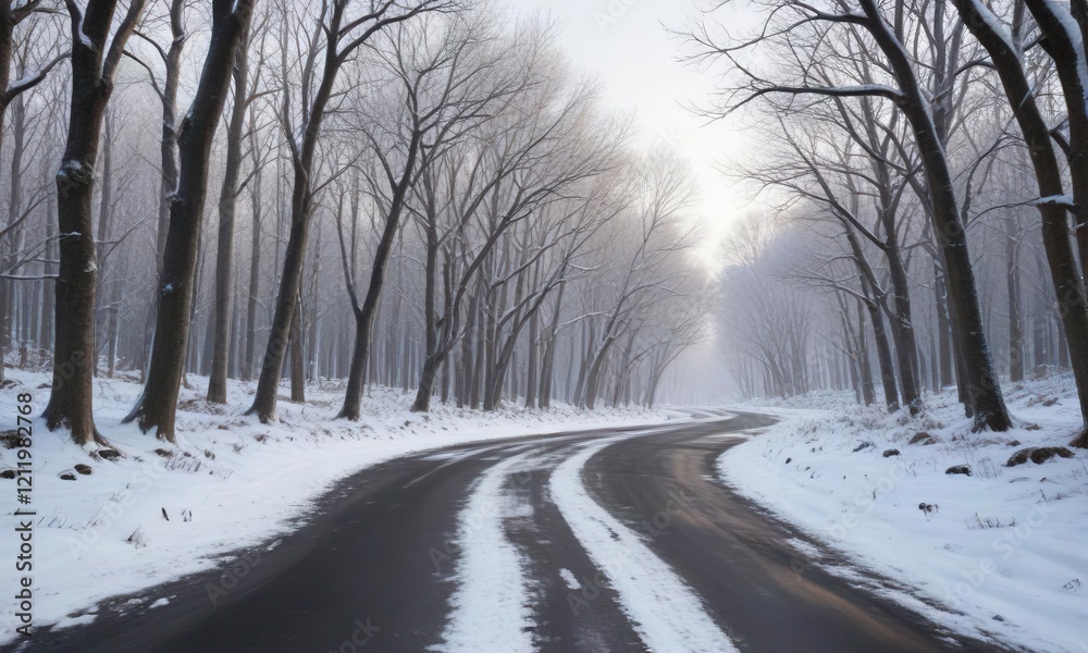 Snow-covered road winding through a forest of bare trees, enchanted, wintry, snow, forest, winding Snow-covered road winding through a forest of bare trees, enchanted, wintry, snow, forest, winding