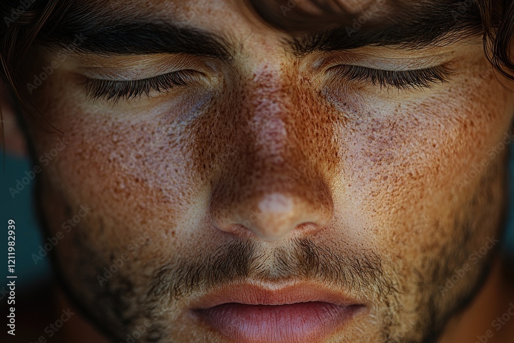 A close-up shot of a person's face showing freckles A close-up shot of a person's face showing freckles