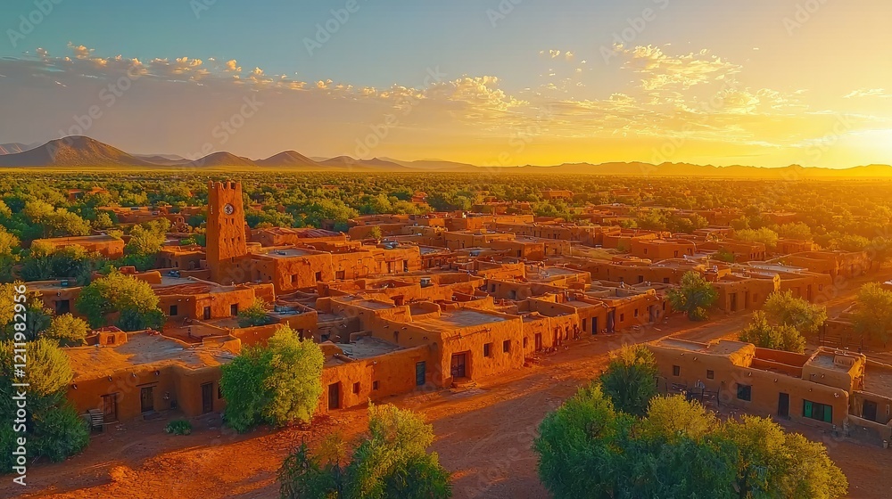 Aerial View of a Desert Town at Sunset Aerial View of a Desert Town at Sunset