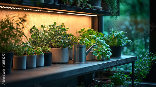 A modern indoor gardening station with stylish tools, grow lights, and vibrant plants, blending function and design. photo