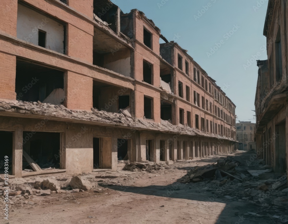 Abandoned, dilapidated buildings under a bright blue sky Abandoned, dilapidated buildings under a bright blue sky