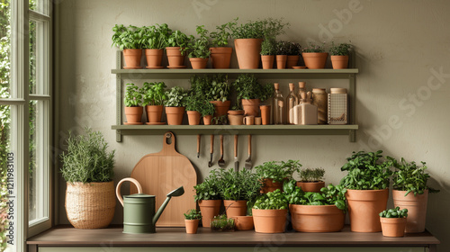 A modern indoor gardening station with stylish tools, grow lights, and vibrant plants, blending function and design. photo