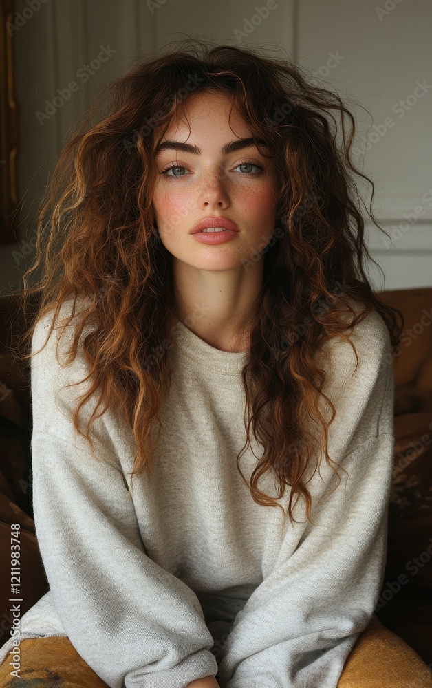 A young woman sits comfortably on a sofa in a warmly lit room. Her curly hair cascades around her shoulders, and she wears a casual light sweater, exuding a relaxed and inviting aura A young woman sits comfortably on a sofa in a warmly lit room. Her curly hair cascades around her shoulders, and she wears a casual light sweater, exuding a relaxed and inviting aura