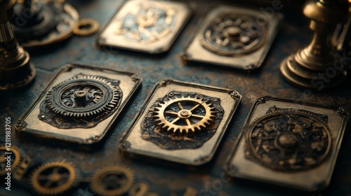 Cards designed as mechanical gears, turning in sync on a steampunk table.  photo