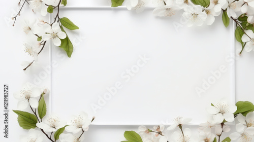 Elegant Floral Frame Design with Fresh White Flowers and Green Leaves on Soft Background for Creative Project or Elegant Invitation Templates