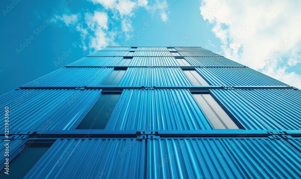 Modern Architectural Design of a High-Rise Building Captured from Below Against a Dramatic Sky with Whimsical Clouds and Reflective Metal Exteriors Modern Architectural Design of a High-Rise Building Captured from Below Against a Dramatic Sky with Whimsical Clouds and Reflective Metal Exteriors
