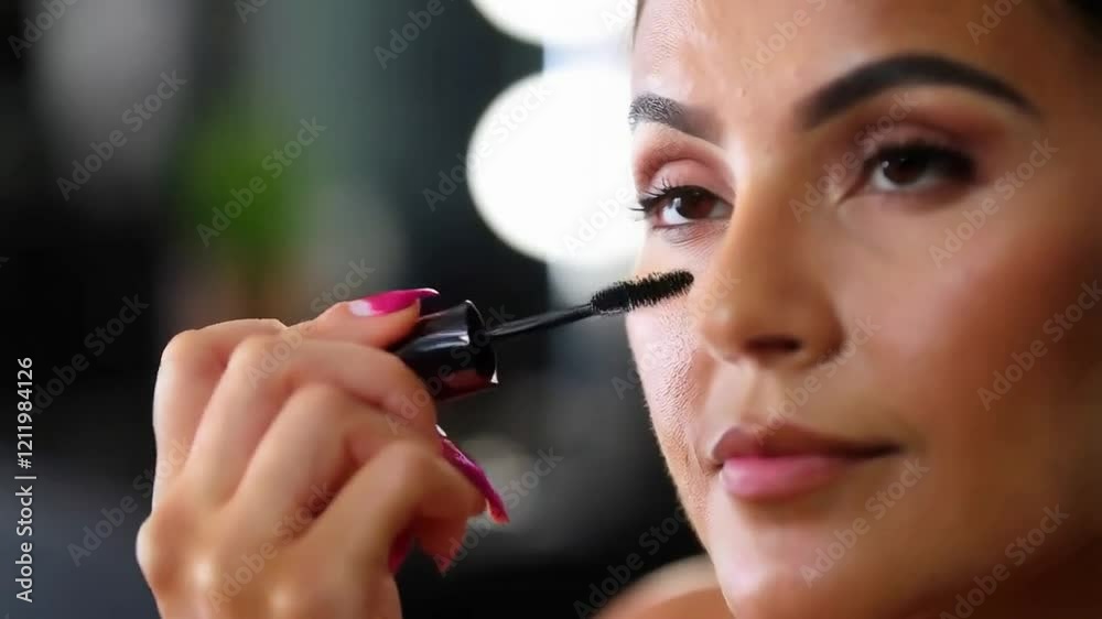Woman Applies Mascara in a Well-Lit Studio Setting During a Grooming Session Woman Applies Mascara in a Well-Lit Studio Setting During a Grooming Session