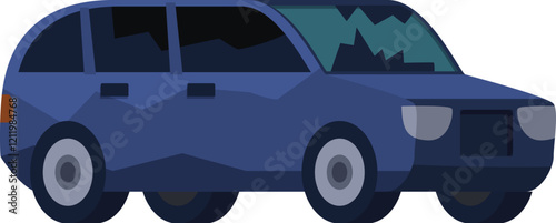 Damaged blue car with broken windshield representing car accidents, insurance claims, and vehicle damage