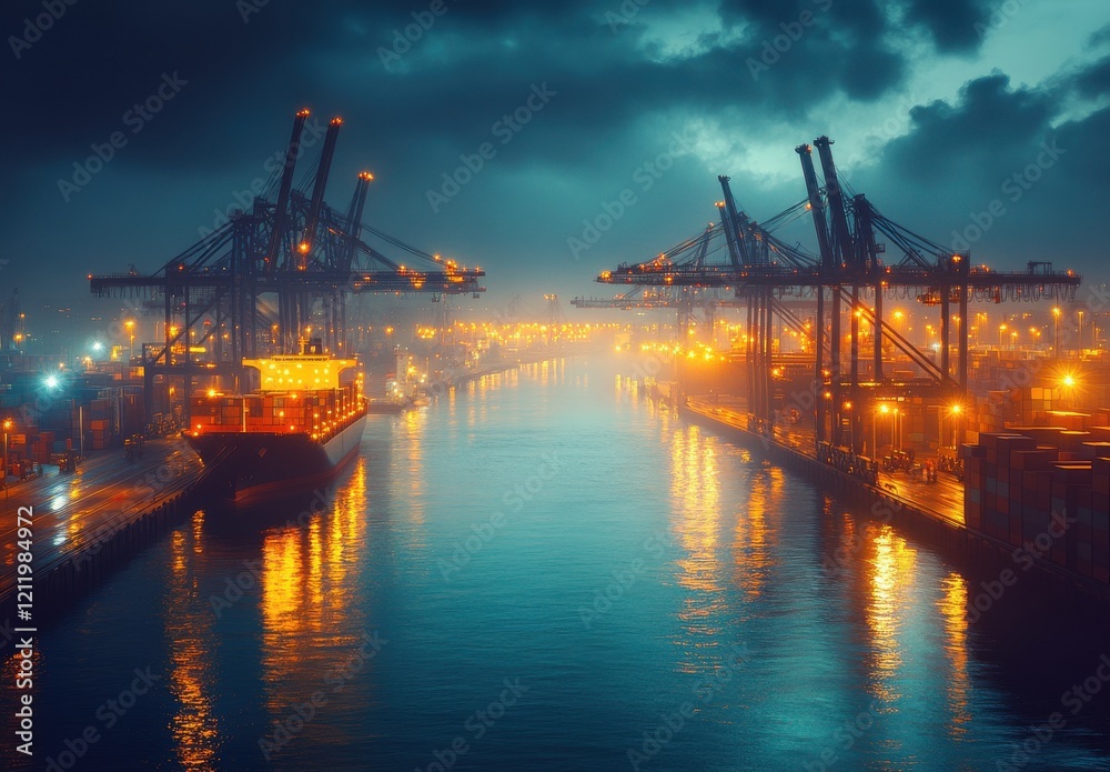 Nighttime Warehouse and Shipping Dock Scene with Illuminated Cranes and Water Reflections in a Misty Urban Setting Nighttime Warehouse and Shipping Dock Scene with Illuminated Cranes and Water Reflections in a Misty Urban Setting