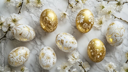Elegant gold and white floral easter eggs on marble with cherry blossoms