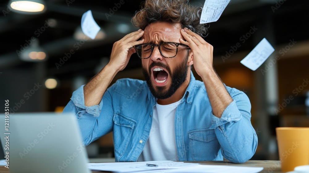 man with curly hair and glasses is visibly stressed while working at his desk, holding his head in despair. Papers are scattered around him, highlighting his overwhelming workload man with curly hair and glasses is visibly stressed while working at his desk, holding his head in despair. Papers are scattered around him, highlighting his overwhelming workload