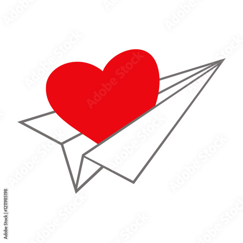 Avión de papel volando con un corazón rojo encima  para tarjetas y felicitaciones de San Valentín