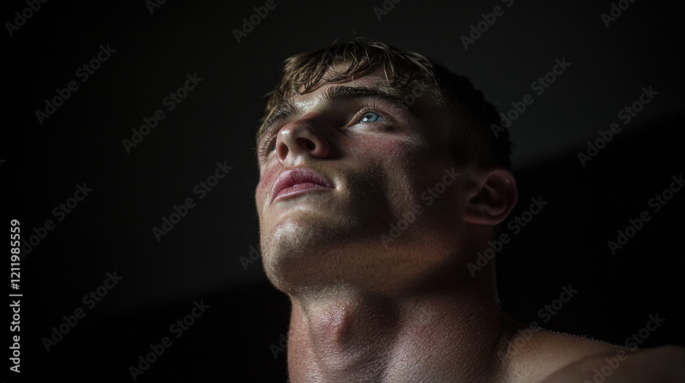 Man looking up, pensive expression, dark background, indoor setting; for magazine cover Man looking up, pensive expression, dark background, indoor setting; for magazine cover