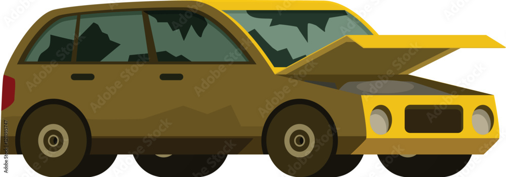 Naklejka premium Abandoned yellow car with broken windows and open hood, depicting a state of disrepair and neglect