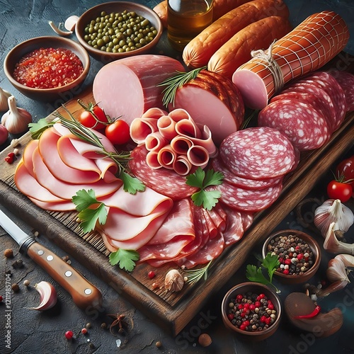 Snack. Various types of smoked sausage with olives are served on a black plate