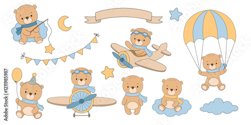 Cute baby bear pilot on airplane, with parachute and balloon, vector hand drawn illustrations set isolated on white background for kids