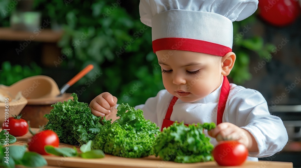 young child dressed in a chefs outfit examines fresh greens and tomatoes on a wooden cutting board. kitchen, filled with vibrant plants, creates a warm atmosphere for cooking young child dressed in a chefs outfit examines fresh greens and tomatoes on a wooden cutting board. kitchen, filled with vibrant plants, creates a warm atmosphere for cooking
