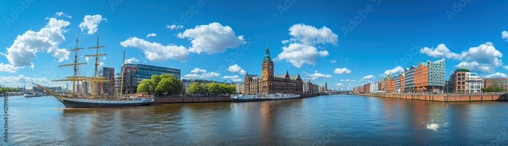Obraz premium Panoramic View of Historic Hamburg Harbor with Old Sailing Ship and Modern Architecture under a Bright Blue Sky with Fluffy Clouds