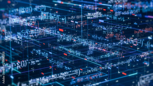 Complex futuristic network with math expressions and equations, concept of ai assistant, machine learning, neural network, science and technology (3d render)