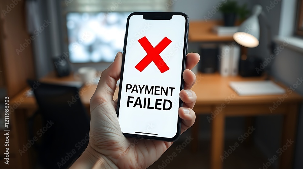 Payment Failed Notification on Smartphone – Digital Transaction Error Highlighted with Red Warning Sign, Issues in Online Payment Processing, transaction declined, financial technology problem, Payment Failed Notification on Smartphone – Digital Transaction Error Highlighted with Red Warning Sign, Issues in Online Payment Processing, transaction declined, financial technology problem,