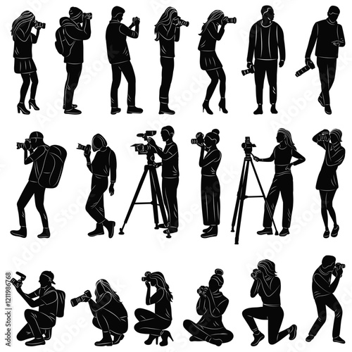 silhouette people taking pictures shooting videos in different poses collection, vector