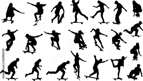 silhouette people skateboarding in different poses collection, vector