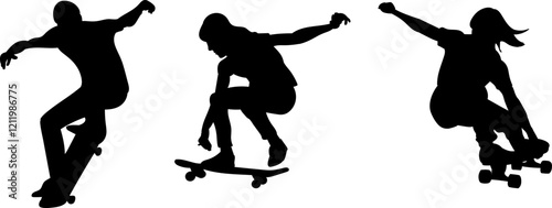 silhouette people jumping on skateboard on white background, vector
