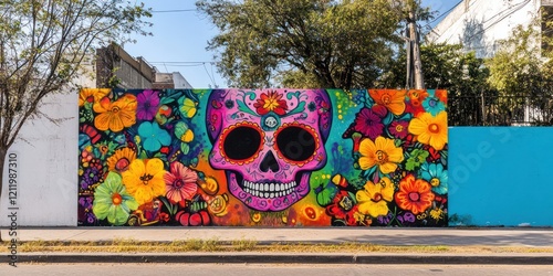 Colorful Skull Mural, City Street, Daytime, Flowers