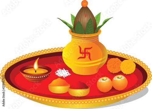 Indian Traditional Pooja Thali With Kalash Vector Illustration