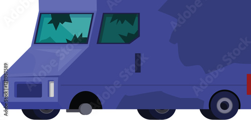 Old damaged armored truck with broken windows and missing wheel, symbolizing security breach and failed transport