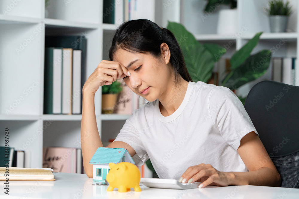 Stressed homebuyer analyzing finances and savings with calculator and piggy bank at desk Stressed homebuyer analyzing finances and savings with calculator and piggy bank at desk