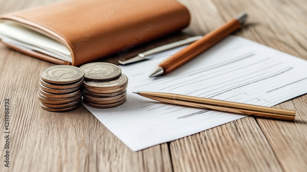 Fototapeta premium collection of coins stacked next to pens and a notebook on a wooden surface emphasizes the theme of financial management and organization during budgeting activities