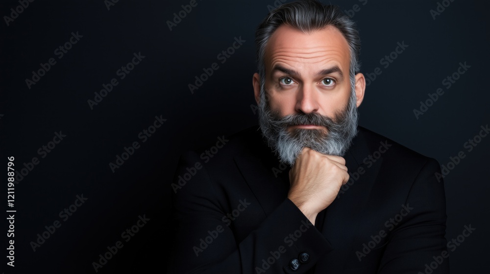man with a prominent gray beard and short hair poses confidently while wearing a black suit. He rests his chin on his hand, exuding an air of sophistication in a dark setting man with a prominent gray beard and short hair poses confidently while wearing a black suit. He rests his chin on his hand, exuding an air of sophistication in a dark setting