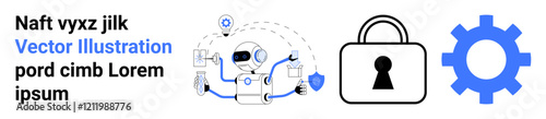 Robot interacting with various devices and shield, emphasizing connectivity. Padlock with keyhole and blue gear signaling security and system management. Ideal for technology, cybersecurity