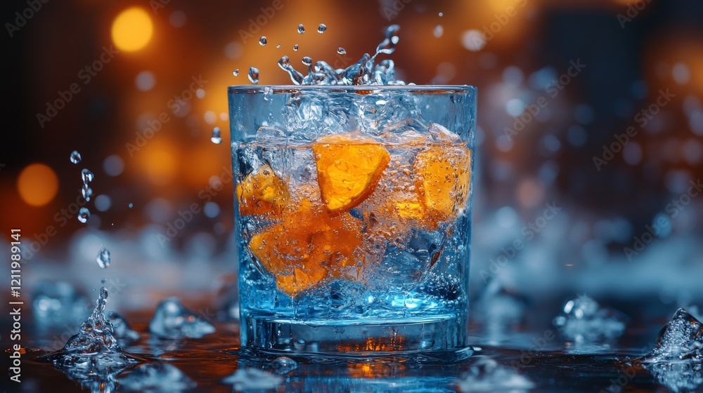 Glass of water with orange slices splashing inside Glass of water with orange slices splashing inside