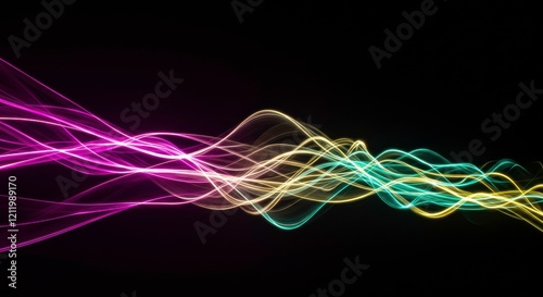 Abstract Symphony of Light: A mesmerizing abstract design of swirling, vibrant light trails in shades of pink, blue and yellow creates a captivating visual experience. The bold.
