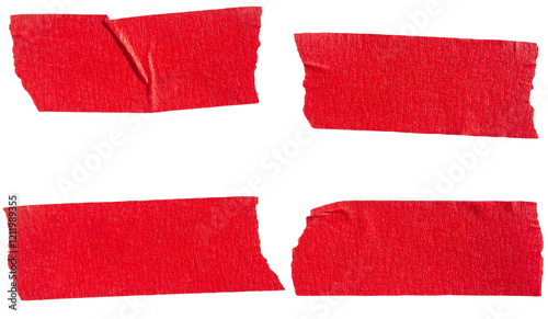 Set of red adhesive torn paper tape isolated on transparent background