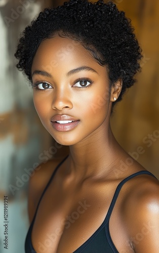 A young woman with short, curly hair smiles engagingly, highlighting her radiant skin and natural beauty. The soft lighting emphasizes her features and creates a warm atmosphere photo