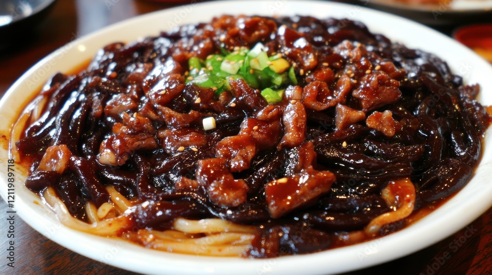A bowl of Korean black bean noodles jajangmyeon, topped with diced pork and vegetables in a savory black bean sauce. A bowl of Korean black bean noodles jajangmyeon, topped with diced pork and vegetables in a savory black bean sauce.