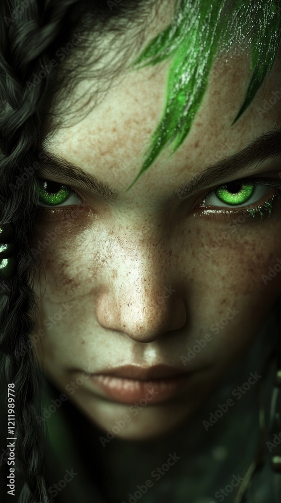 Intense close-up of a girl with striking green eyes and braided hair Intense close-up of a girl with striking green eyes and braided hair