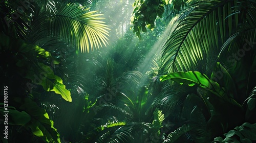 Sunbeams through lush jungle foliage. Tropical rainforest background. Ideal for travel, nature, or environmental themes photo