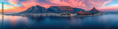 Majestic Table Mountain at Sunset Over Cape Town Cityscape