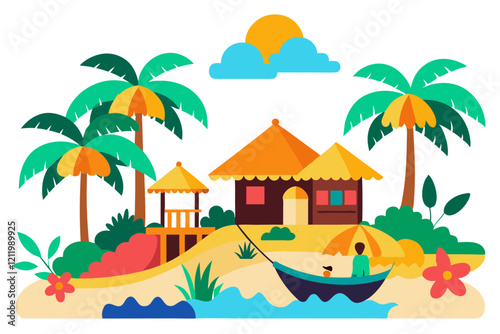 "Tropical Village Life Vector Illustration with Huts, Hammocks, and Beachside Views"