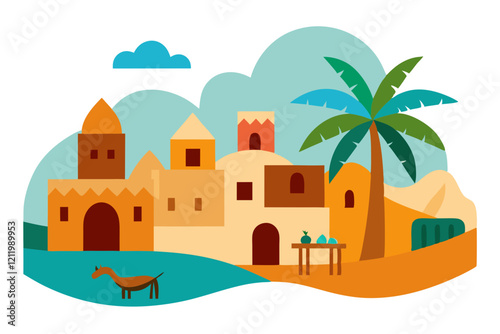 "Desert Village with Oasis and Camels Vector Illustration"

