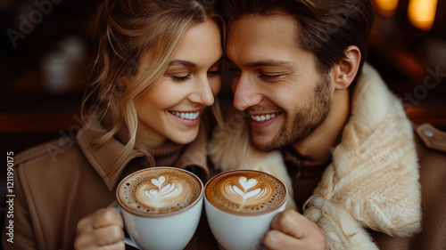 Smiling Couple Sharing Lattes at Cozy Café
 photo