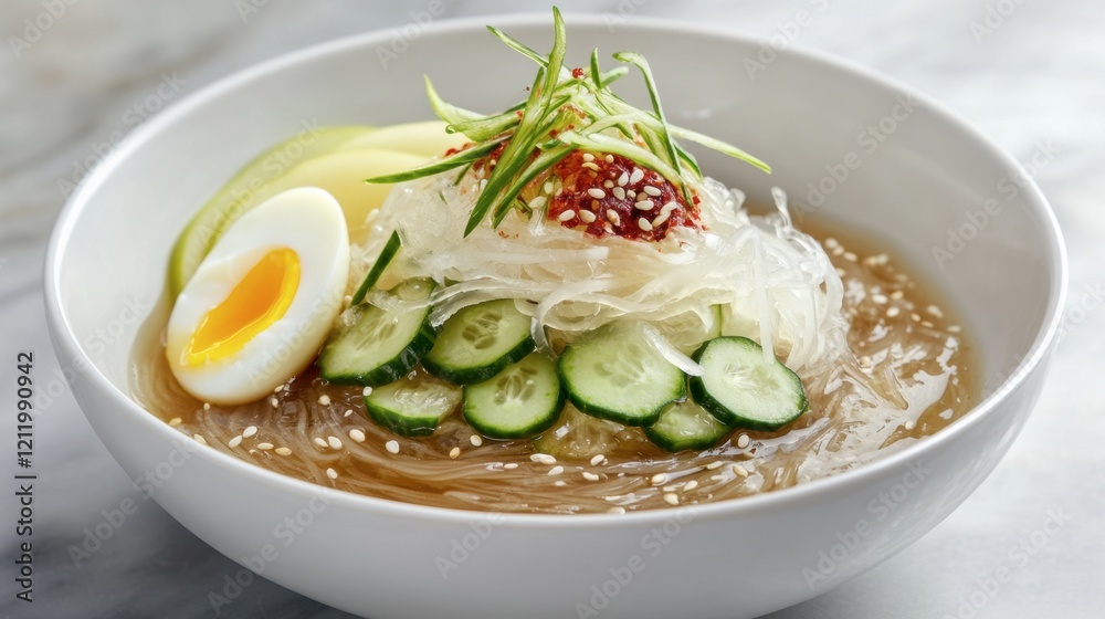 A classic bowl of Korean cold noodles naengmyeon, garnished with cucumber slices, pear, and a boiled egg. A classic bowl of Korean cold noodles naengmyeon, garnished with cucumber slices, pear, and a boiled egg.